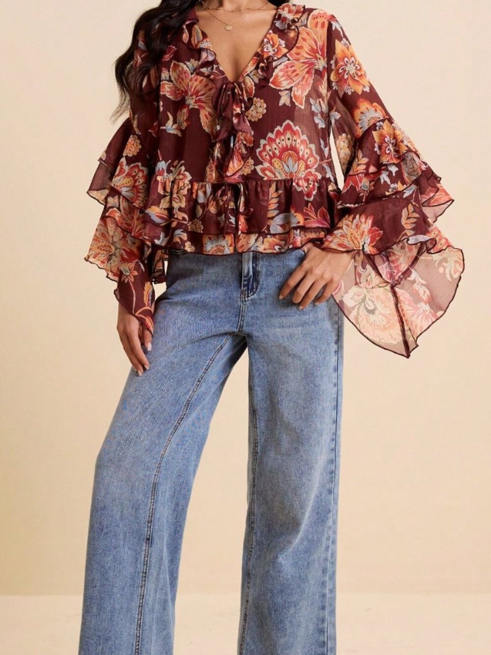 Multicolor Boho Women's V-Neck Long Sleeve Blouse with Ruffle Asymmetrical Hem - Picture 8 of 9